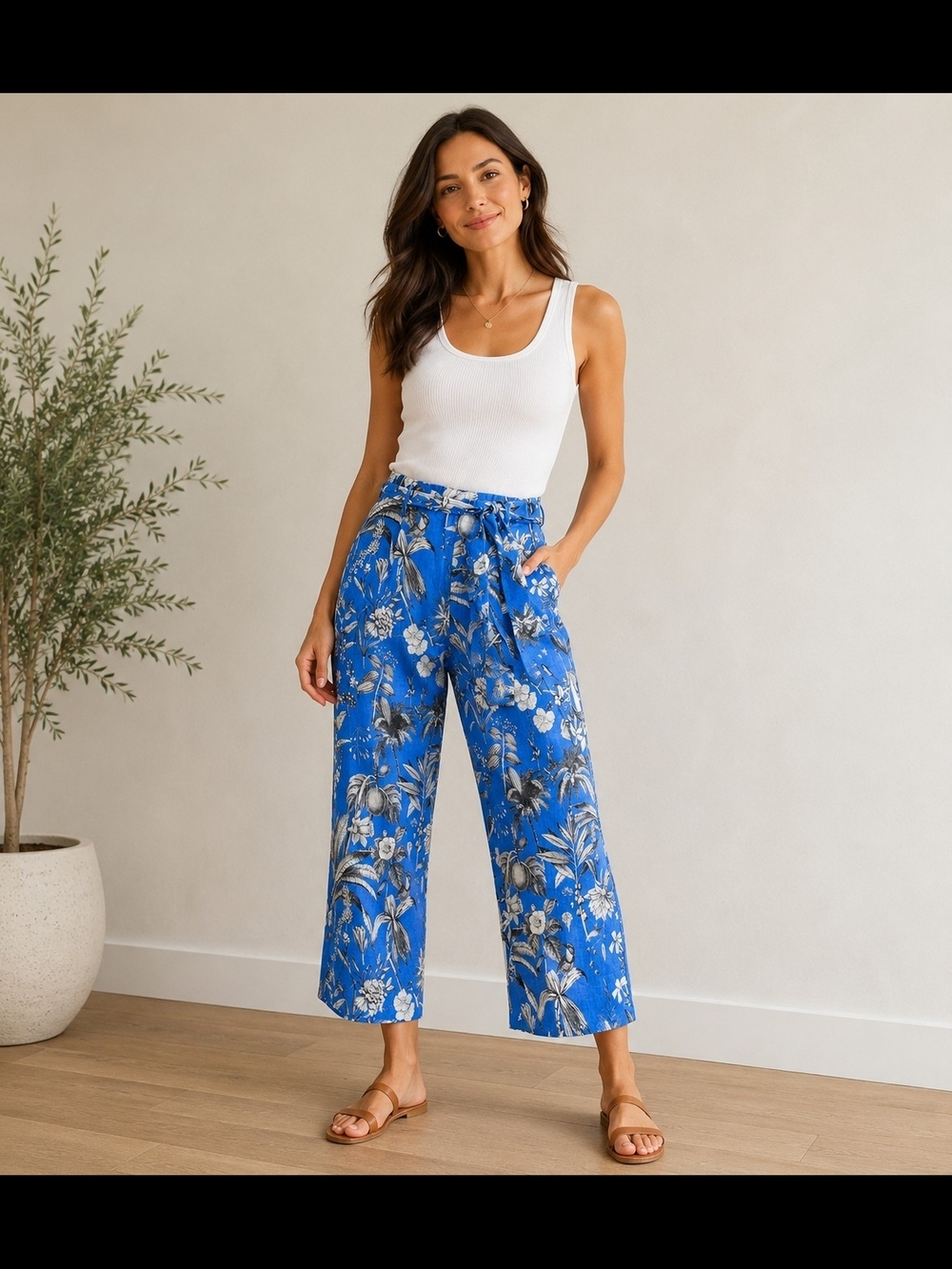 J.Crew 100% Linen Blue Floral Wide Leg Cropped Pants